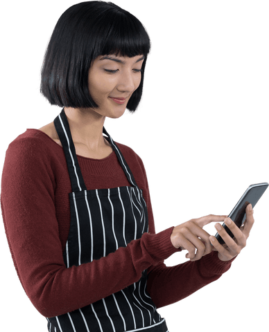 smiling waitress using mobile phone in striped apron - transparent background - Download Free Stock Videos Pikwizard.com