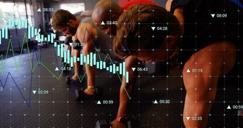 Team performing bent-over dumbbell rows with analytics overlay highlighting performance