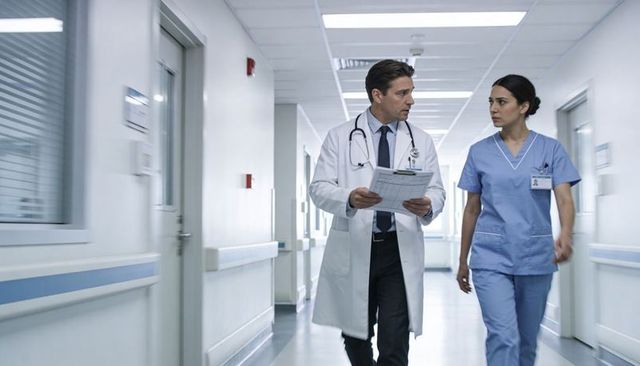 Doctor and nurse walking hospital corridor reviewing patient charts and planning care