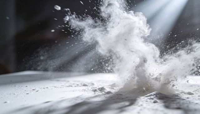 Billowing white powder plume catching dramatic light rays over textured tabletop