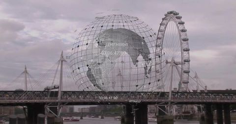 Holographic globe projection over london riverside