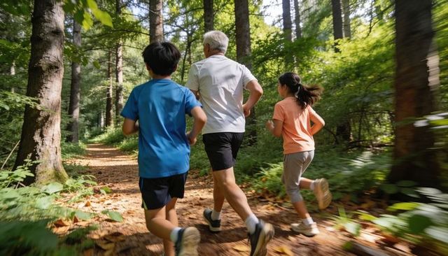 Senior man running with two children on sunlit forest trail for family fitness