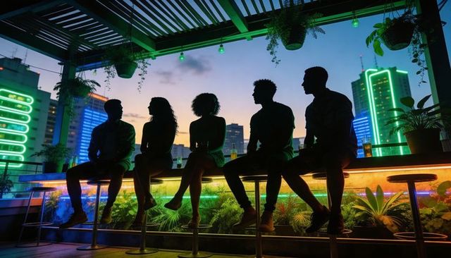 Rooftop silhouettes socializing against neon skyline at dusk, urban nightlife terrace vibe