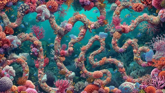 Vibrant looping tubular coral reef teeming with brain coral, anemones and tropical fish