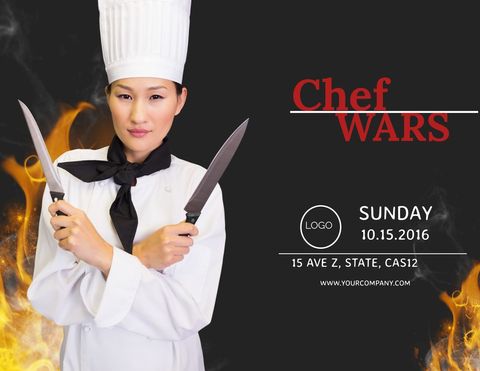 chef poised with knives against fiery backdrop for culinary event - Download Free Stock Templates Pikwizard.com