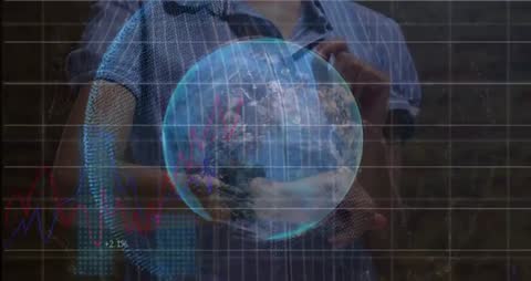 Hands Holding Holographic Earth with Data Overlay