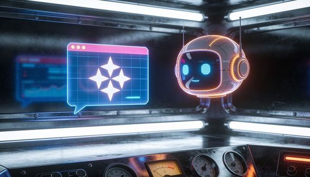 Hovering smiling robot head in neon cockpit with holographic ui and console gauges
