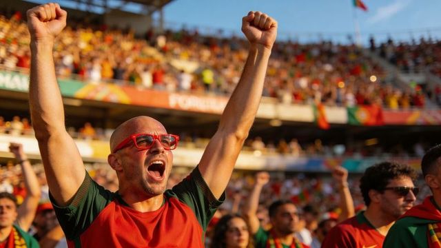 Passionate football fan cheering with raised fists in packed stadium wearing red glasses