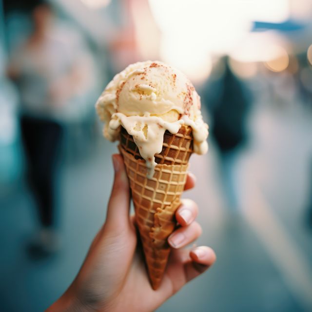 Hand of caucasian woman holding white ice cream in cone, created using generative ai technology. Dessert, flavour, colours and food concept digitally generated image.