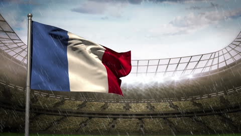 French Flag Waving in Stadium with Rainfall Animation
