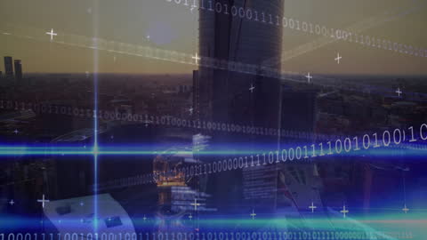 Digital Data Streams Flowing Over Modern Urban Skyline