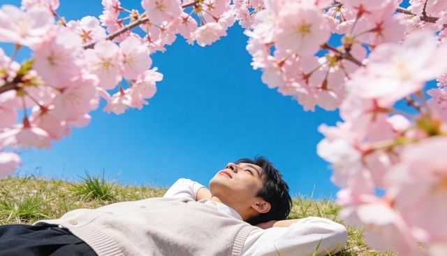 Relaxing under cherry blossoms on sunny hillside during spring, young man gazing at clear blue sky