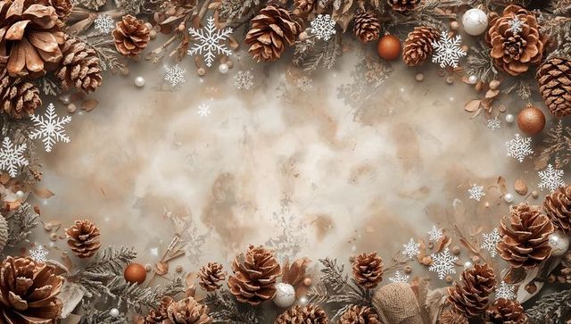Rustic holiday pinecone border featuring frosted fir sprigs, copper baubles and snowflakes