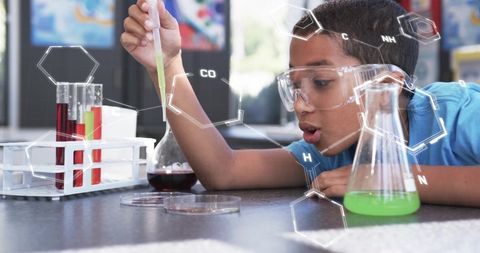 Child conducting science experiment with pipette in laboratory setting