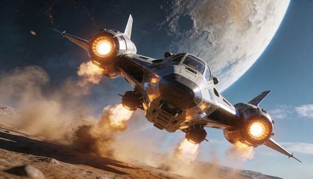 Blasting Starship Firing Triple Thrusters Low Over Rocky Lunar Plain Kicking Dust