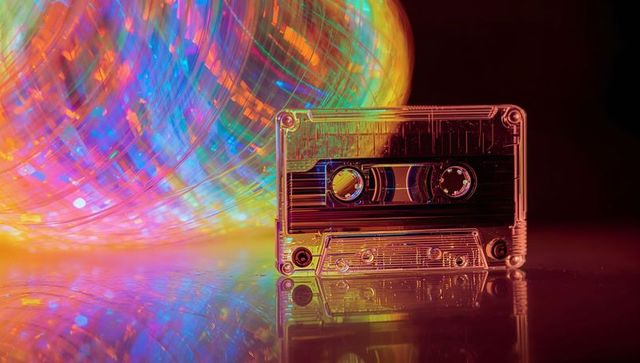Transparent cassette tape reflecting on glossy tabletop with iridescent prism lights