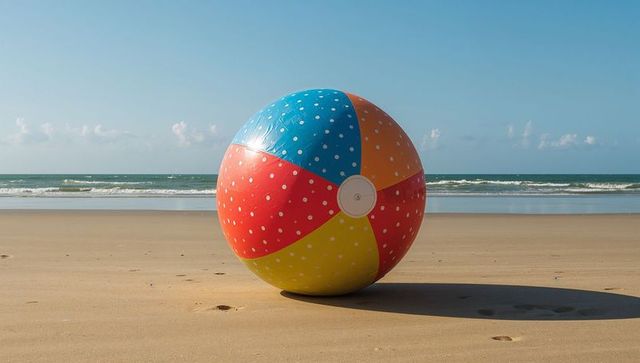 Colorful polka-dot beach ball resting on sandy shore casting long shadow