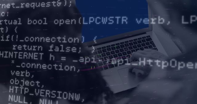 Developer typing on laptop keyboard with lines of code superimposed on the scene, symbolizing programming and coding processes. Ideal for technology, software development, IT industry, computer science education, and digital transformation related content.