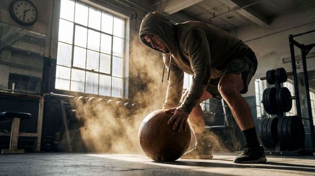Backlit athlete slamming medicine ball in industrial warehouse gym with chalk dust