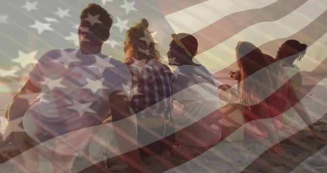 Group of Friends Relaxing at Beach with American Flag Overlay - Download Free Stock Images Pikwizard.com