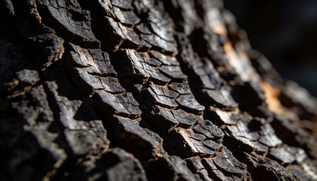 Sunlit charred tree bark closeup revealing cracked platelike scales and weathered texture