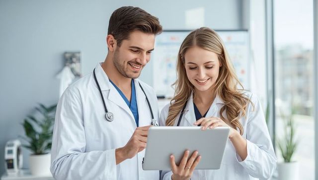 Medical Professionals Collaborating with Tablet in Modern Clinic