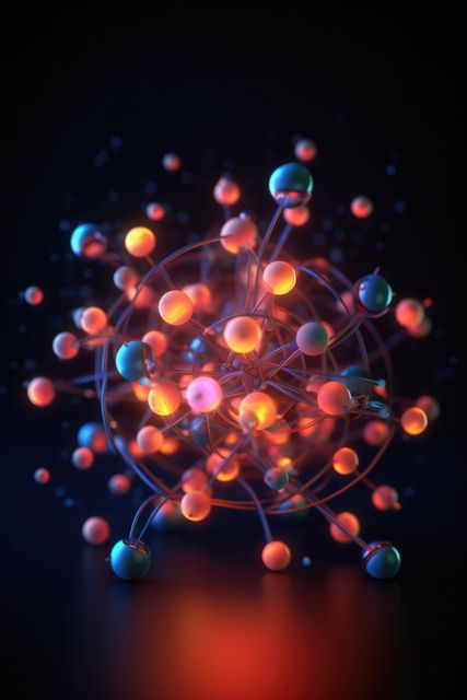 Blue and pink atoms forming molecular structure, created using generative ai technology. Science, nature, matter, model and structure concept digitally generated image.