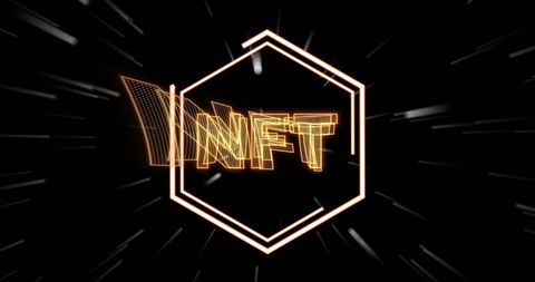 Digital Glowing NFT Hexagon on Black Dynamic Background