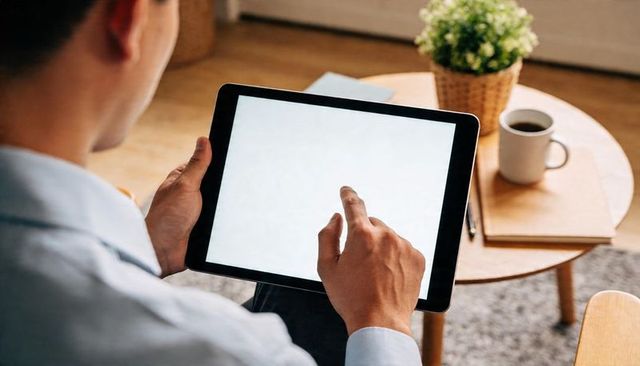 Man Holding Tablet Tapping Blank Screen in Cozy Home Lounge Workspace with Coffee Cup