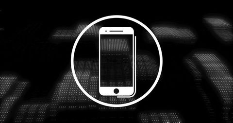 Displaying smartphone icon inside circular ring on abstract digital grid, tech concept