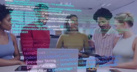 Diverse Software Development Team Collaborating with Code Overlay in Office