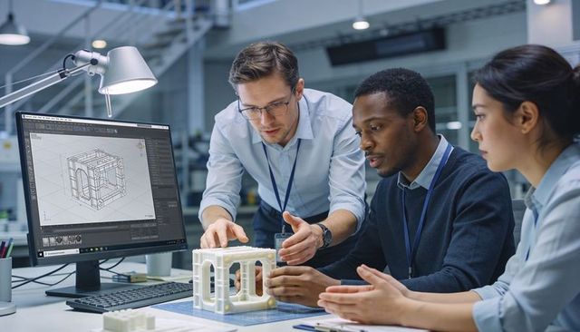 Engineering team examining 3D printed prototype while reviewing CAD wireframe on monitor