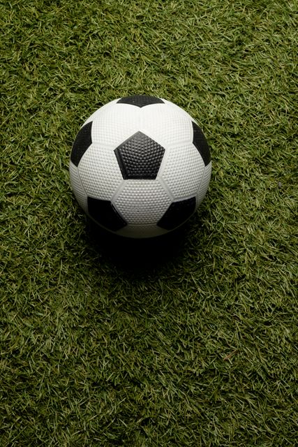 Directly above shot of soccer ball on grassy field, copy space. Unaltered, sport and competition concept.