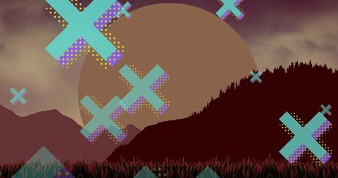 Geometric Shapes Overlay on Sunset Mountain Landscape