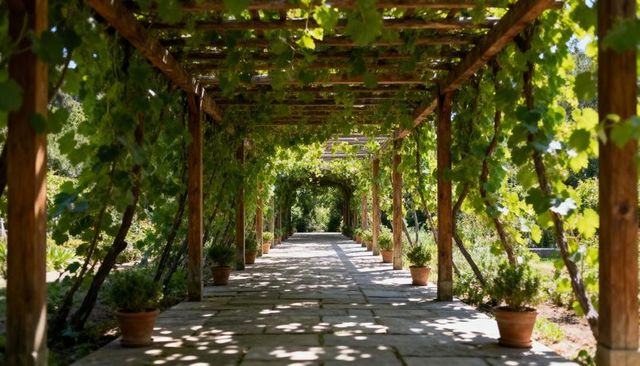 Sunlit grapevine pergola over flagstone walkway with terracotta pots and dappled canopy