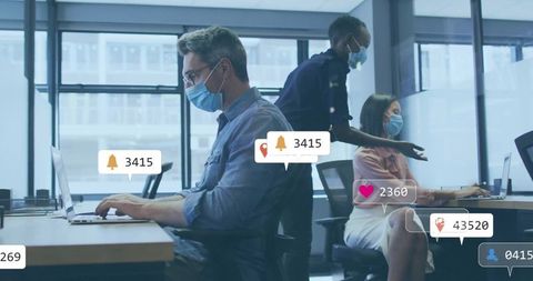 Masked Business Team Typing and Collaborating with Digital Notifications