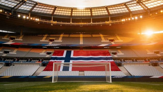 Norwegian flag draped over stadium seats behind soccer goal at golden hour sunset