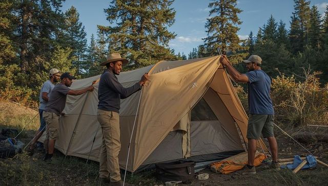 Group pitching large tan canvas tent in pine forest campground at golden hour
