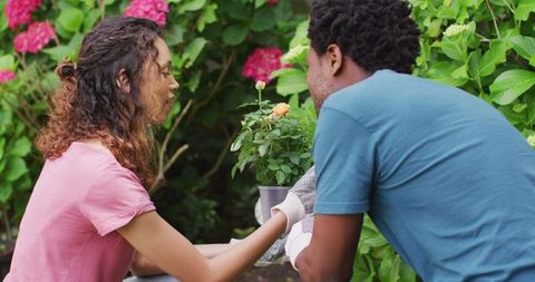 Happy Couple Bonding Over Gardening in Greenhouse
