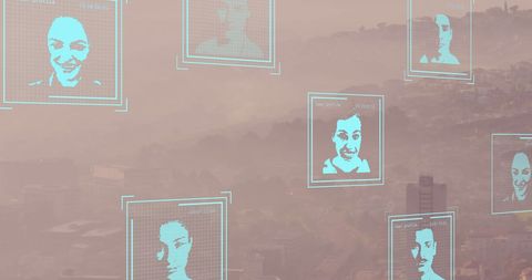 Digital profiles floating above urban skyline with hazy backdrop