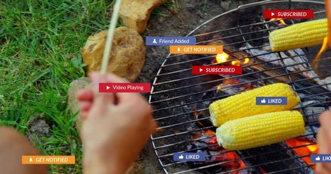 Grilling corn on campfire grill with social media notification overlays for summer lifestyle