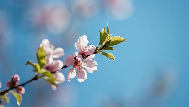 Pale pink cherry blossom branch with fresh green leaves under clear blue spring sky