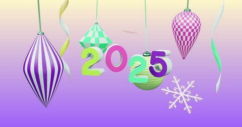 Colorful 2025 Celebration with Hanging Ornaments and Snowflake