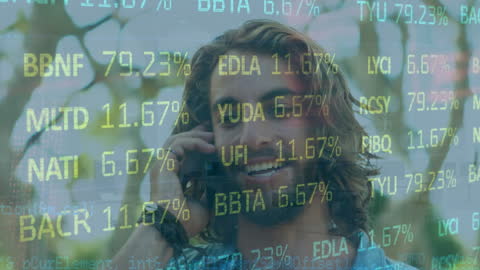 Businessman Conversing on Smartphone with Digital Data Overlay