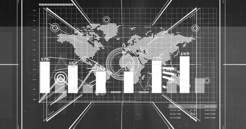 Futuristic Data Analytics Dashboard with World Map and Bar Graphs