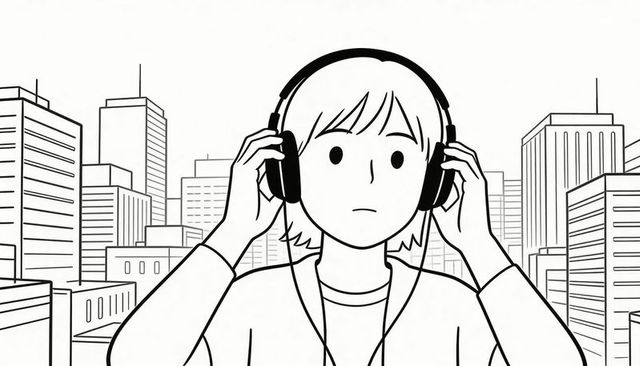 Teen adjusting over-ear headphones against minimalist urban skyline line art monochrome