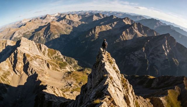 Lone hiker standing on narrow alpine ridge scanning vast mountain panorama at golden hour