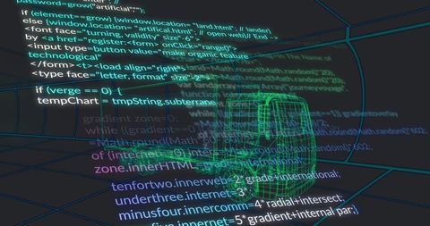 Futuristic green wireframe van with 3d code projections