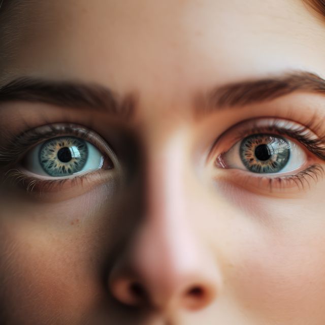 Close up of woman's eyes with patterned pupils, created using generative ai technology. Human eye, colour and pattern concept digitally generated image.