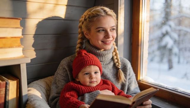 Mother reading to baby on cozy window seat in snowy cabin wearing red knit